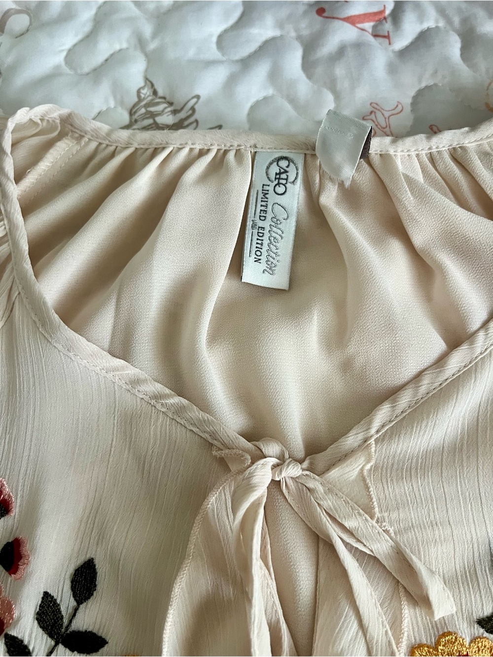 Cato Cream Embroidered Tie-Front Chemise